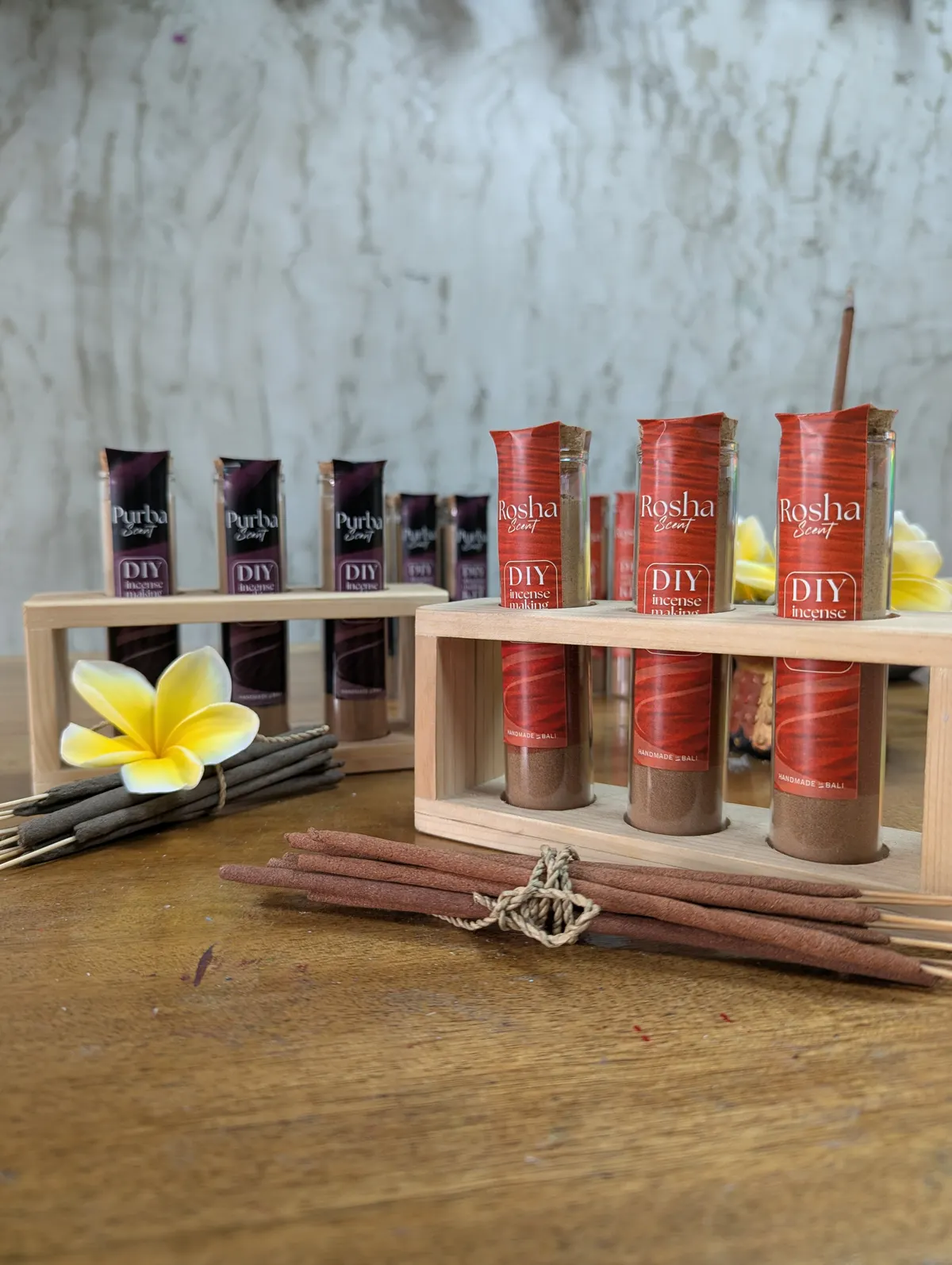 Rosha and Purba DIY incense kits with handmade red and black incense sticks