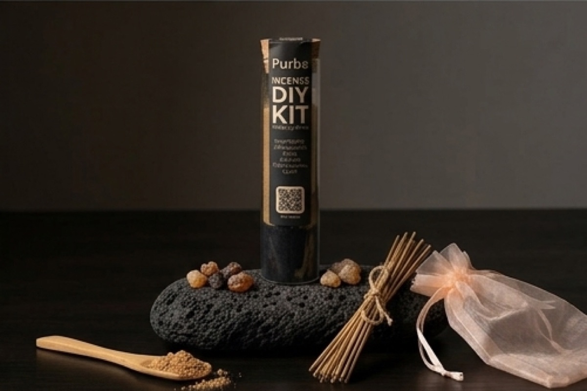 Purba incense kit on a dark atelier surface