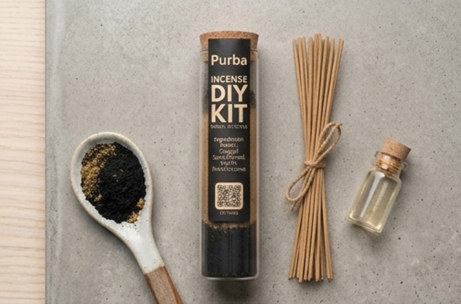 Purba DIY incense kit with black powder in a spoon
