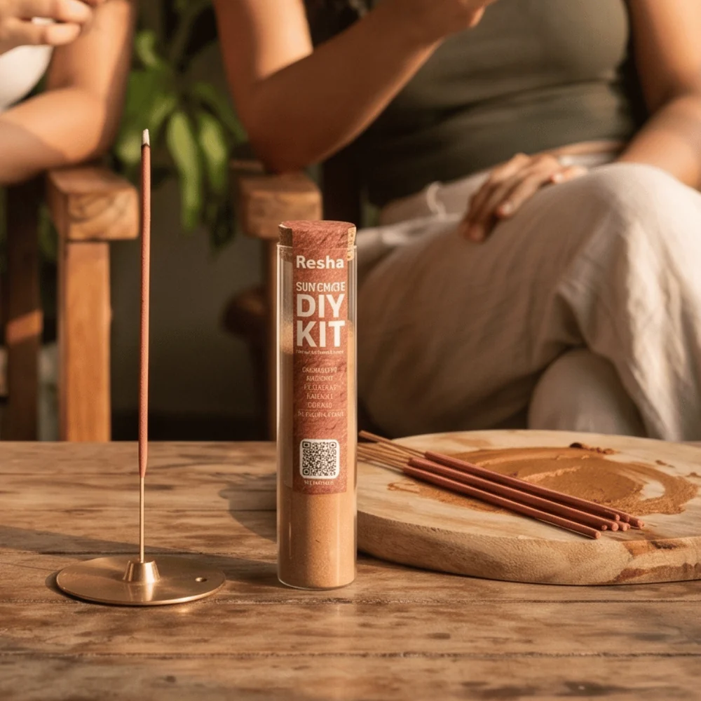 Rosha DIY incense kit with finished sticks and powder on a wooden table