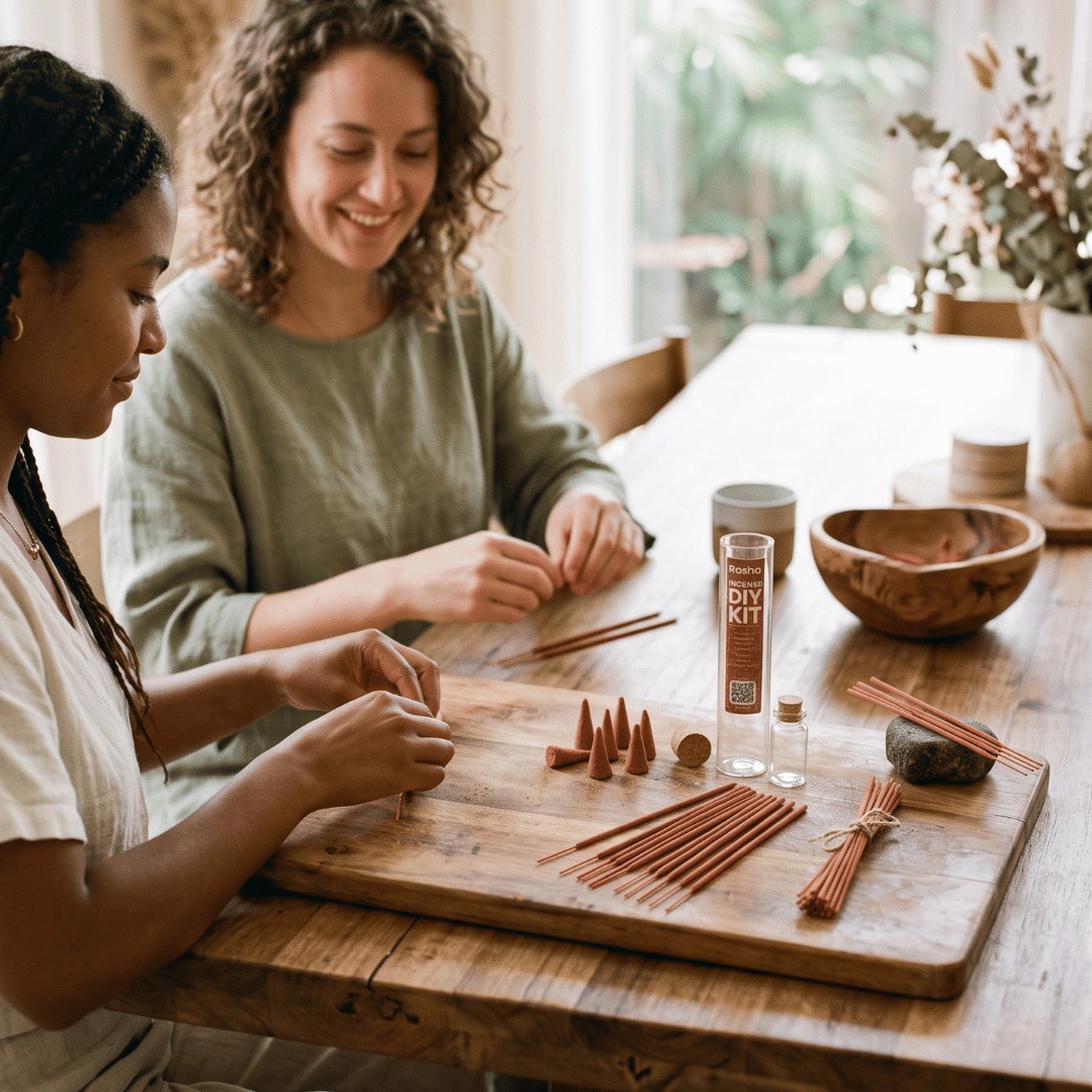 Home alchemists handcrafting Rosha incense with the DIY kit