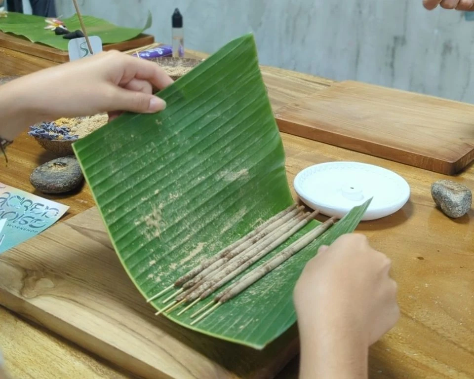 Handmade incense sticks wrapped in a banana leaf