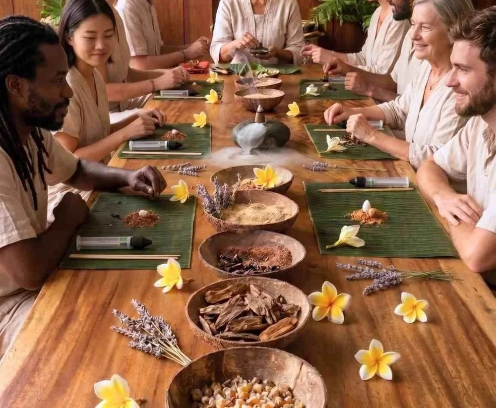 Sacred Smoke incense atelier table in Ubud with botanicals and handmade incense