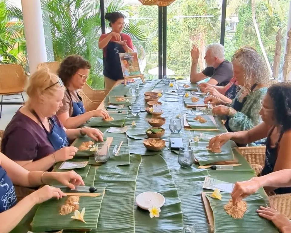 Guests making incense together at a private Bali workshop
