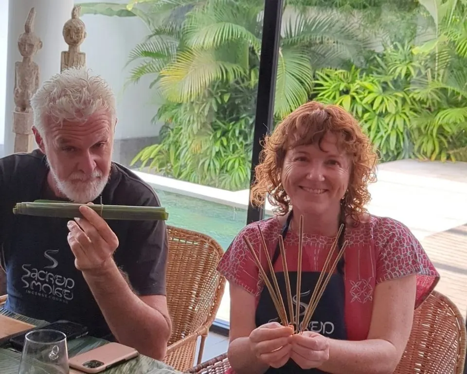 Guests with their handmade incense at a Bali villa