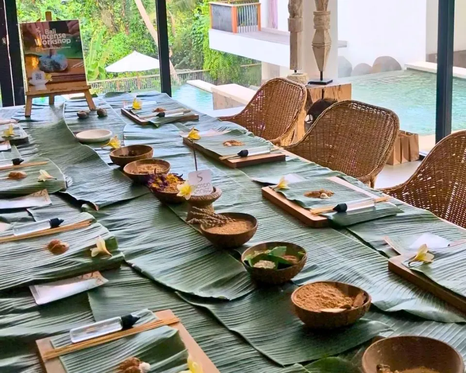 A private workshop table set up at a villa