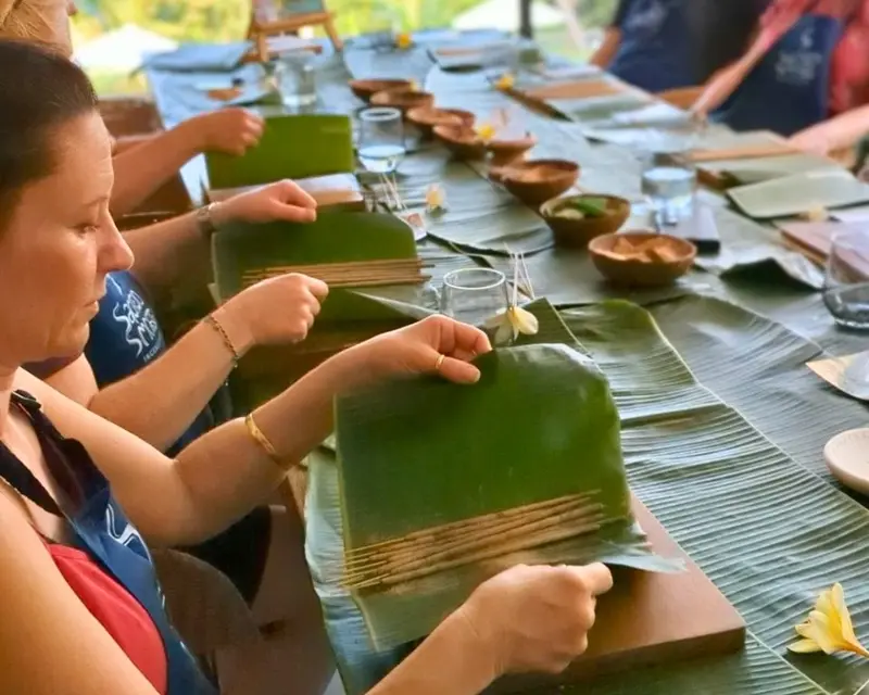 Retreat group making incense with raw botanicals in Bali